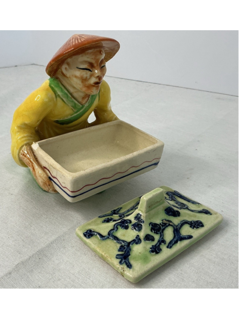 Vintage 1945-1952 Japanese Ceramic Figurine Man With Hat , 4.5” tall.